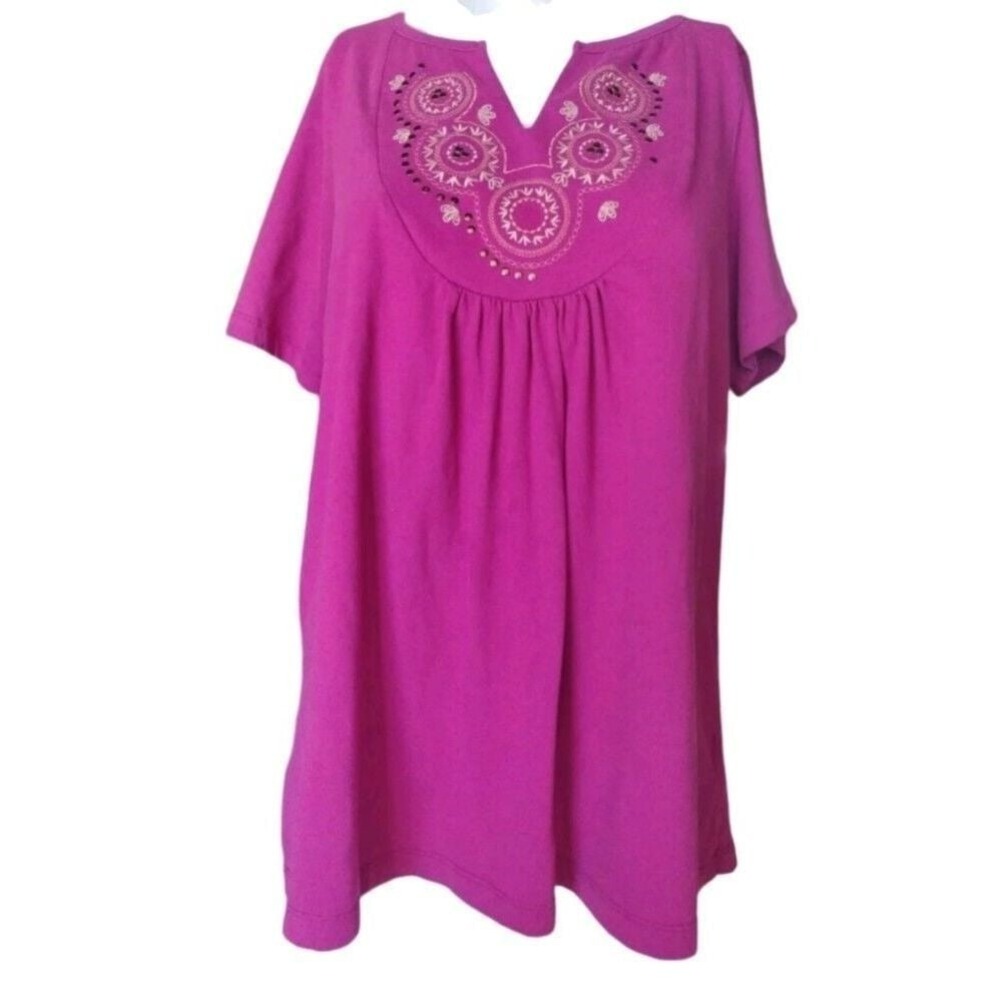 White Stag Tunic Top Women XL Purple Boho Studded Embroidered Short Sleeve Beach